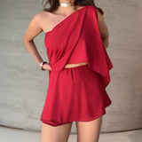 MQTIME  -  Sexy Off Shoulder Slash Collar Loose Suit Elegant High Waisted Shorts Outfit Fashion Design Style Women Commute Clothing 3 Piece