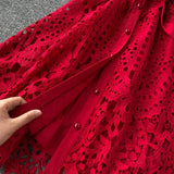 MQTIME  -  Summer New Mid Length Dress Women Dresses A Line Vestidos Hollow Out Round Neck Short Sleeve Single Breasted Elegant High Waist