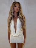  MQTIME  -  Knitted Short Dress For Women Sleeveless Hollow Out Backless Halter Mini Sequined Dresses Summer Chic Ladies Party Clothes