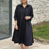 MQTIME  -  Spring Summer 3/4 Sleeved Loose Shirt Dress Office Lady Lapel Pockets Solid A-line Dress Simple Temperament Commuting Midi Dress