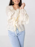 MQTIME  -  New See-Through French ruffle lace Leaf Pattern Flared Sleeve Cardigan Sexy Elegant Beige Slim Woman Clothes Blouse Party Tops