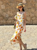  MQTIME  -  Casual Print Halter Dress Women Elegant V-neck Sleeveless Backless High Waist Loose Midi Dresses Summer Lady Vacation Robe