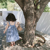 MQTIME  -  Girls Korean Blue Plaid Dress Summer New Cotton And Linen Children's Cute Bow Tie Sleeveless Halter Suspenders Dresses