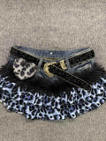  MQTIME  -  Summer Vintage Gothic Denim Skirt Women Y2K Punk Fashion Leopard Print Mini Skirt Grunge Streetwear Fur Patchwork Clothes New