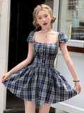 MQTIME  -  Y2K Plaid Short Dresses for Women Princess Birthday Party Dress Puff Sleeve Square Collar Bow Prom Summer Mini Vestidos Mujer