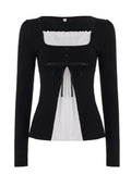  MQTIME  -  French Sweet Patchwork Contrast Color Fake Two Piece Slim Square Collar Long Sleeve Slim T-Shirts