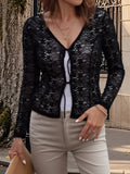 MQTIME  -  Elegant Lace Trimmed V-Neck Blouse with Tie Front Detail and Long Sleeves - Stylish Women s Shirt for Chic Street Style