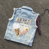 MQTIME  -  2-8 Years Old Girls Denim Vest Turn Down Collar Sleeveless Kids Cartoon Jean Jacket Spring Autumn Casual Kids Outerwear