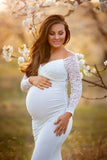  MQTIME  -  Pregnant Lace Dress for Photography White Maternity Gown for Photoshoot Ground Length Baby Shower Dress Baby Bump Shooting