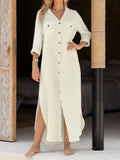 MQTIME  -  Summer Casual Shirt Dress for Women Single-breasted Long Sleeves Split-side Vacation Dresses Solid Color Long Dress