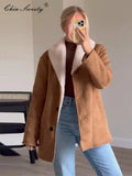MQTIME  -  Vintage Lamb Wool Solid Women Outwear Lapel Full Sleeve Loose Female Jacket 2024 Casual Autumn Warm Single Breasted Lady Coat