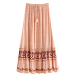 MQTIME  -  Women Bow Tassel Elastic Waist Wood Ears Ruffles Lace Swing Skirts Beach Holiday Orange Feather Floral Print Long Skirt