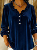 MQTIME  -  New Corduroy Solid Pullovers Elegant Lantern Long Sleeve Loose Tops Autumn New Simple V-neck Ruffles Commute Tops For Women
