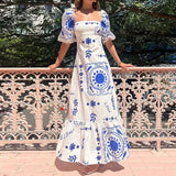 MQTIME  -  Summer Dress Elegant Women Flower Printed Maxi Dress High Waisted Short Sleeve Square Collar Summer Fashion Holiday Dresses