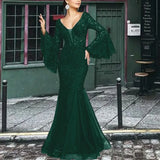 MQTIME  -  Women Long Dress Sexy Flare Sleeve Lace Embroidery Dresses Elegant High Waist Night Vestidos Female Party Evening Maxi Dress