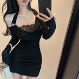 MQTIME  -  Sweet Hot Girl Pure Sexy Halter Lace Dress Women's Autumn Slim Fit Long-sleeved Short Dress Fashion Female Clothes