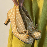 MQTIME  -  Vintage Lapel Design Polka Dot Women Pumps Fashion Bowknot Tassel Horsehair High heels Spring Autumn Female Chunky Modern Shoes