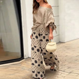 MQTIME  -  Fashion High Street Outfits Casual Diagonal Neck Hollow Top with Wide Leg Pants Sets Summer Loose Polka Dot Printed Women Suit