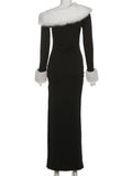  MQTIME  -  Furry Patchwork Christmas Dress Women Winter Elegant Trend Diagonal Collar Split Hem Full Sleeve Party Club Vestidos