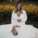  MQTIME  -  Maternity Photography Dresses Baby Shower Maxi Gown Lantern Sleeve V Neck Pregnancy Wrap Side Split Robe