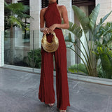 MQTIME  -  Sleeveless Fashion Solid Two Pieces Outfit, Women Summer Half High Collar Elegant Matching Sets, Backless Patchwork Ladies Suits