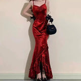 Mqtime Vintage Elegant Women Spaghetti Strap Sexy Prom Dress Strapless Bodycon Slim Red Dinner Party Long Dresses  Female Summer