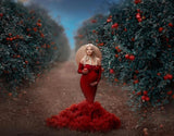 Mqtime Red Mermaid Maternity Dresses for Photo Shoot with Removable Sleeves Side Slit Ruffles Train Babyshower Dress for Photoshoot