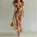 MQTIME  -  Boho Floral Maxi Dress Woman Sexy Square Collar Ruched Split Bodycon Long Dress New Summer Puff Sleeve Ruffle Party Dress