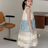 MQTIME  -  Girls Dress Spring and Summer New Childrens Clothing Korean Style Girl Baby Lace Splicing Flower Hanging Neck Halter Dress