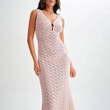 MQTIME  -  Solid Color Hollow Knitted Beach Vacation Dress Elegant Sleeveless Skinny Cover-up Dress Women Sexy Perspective Swimwear Dress