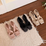MQTIME  -  Women's Elegant Pink Satin Ballet Shoes Square Toe Cross Strap Polka Dot Bow Mary Jane Shoes Inside Mid Heel Casual Pumps