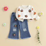 MQTIME  -  Girls Autumn Fashion Floral Print Hoodie and Distressed Denim Flare Pants Set for Toddlers