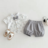 MQTIME  -  0-3Y Summer Boys Gentleman Suit Toddler Cartoon Print Short Sleeve Shirt with Bow Tie & Shorts Sets Boys Birthday Baby Clothes