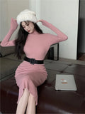 Mqtime autumn winter women solid elegant slim knitted dress korean long sleeve sweater dress office lady midi dress