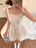 MQTIME  - Dot Print Spaghetti Strap Mini Dress for Women High Waist Bow Lace Up Summer Dresses Lolita Style Cutecore Girl Clothing