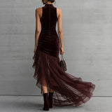 MQTIME  -  Seasonal Hot Selling Velvet High Neck Sleeveless Slim Fit Irregular Hem Chiffon Trailing Dress
