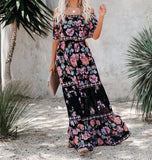 MQTIME  -  Boho Dress Slash Neck Floral Printed Summer Dress Femme Hippie Vestidos A-line Holiday Robes Chic Maxi Dresses