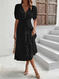 MQTIME  -  New Lace White Dress V Neck Button Up Midi Length Elegant Dress Hollow Out High Waist Party Vestidos Summer Dresses