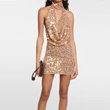 MQTIME  -  Lawn Wedding Guest Sexy Mini Dress Fashion Shiny Sequin Sleeveless Party Dress Ladies Halter High Waist Slim Fit Cocktail Dress