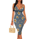 MQTIME  -  Women's Spaghetti Strap Sexy Bodycon Floral Print Midi Dress Deep V-Neck Sleeveless Cocktail Party Club Guest Dresses