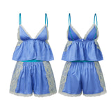  MQTIME  -  Summer Women Retro Satin Pajama Sets Sleeveless Camisole Tops with Shorts 2 Piece Outfits Lace Trim Sleepwear