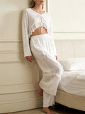  MQTIME  -  Women’s Spring Outfits Long Sleeve Tie-up Open Front Tops Shirts  + Ruffle Loose Pants 2 Piece Set Summer Loungewear