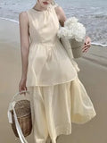 MQTIME  -  Casual Women's Pleated Cake Sundress Summer Vacation New Beige Sleeveless Temperament Elegant Round Neck Fashion Vest Dresses