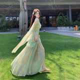 MQTIME  -  Green Tie-dye Mesh Suspender Dress Women's Summer High-end Seaside Vacation Slim-fitting Hip-wrapped Dress