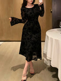  MQTIME  -  New Crew Neck Black Floral Lace Elegant Midi Dress Sexy Mesh Long Flare Sleeve Wedding Guest Dresses Women's Luxury Party Dress