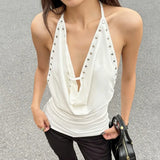 MQTIME  -  Rivet Swinging Collar Lace Up Halter Backless Tanks Tops Women Sexy Solid Sleeveless Casual Streetwear Camis All Matching Vests