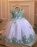 MQTIME  -  White Green Flower Girl Dress For Wedding Applique Tulle Short Sleeve Pearl Princess Kids Birthday First Communion Ball Gown