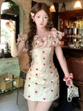 MQTIME  -  French Sweet Coquette Off-the-Shoulder Dress Women Red Floral Print Ruffle Trim Ruched Waist Slim Fit Mini Dress Elegant Outfit
