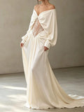 MQTIME  -  Sexy Lace Splice Formal Banquet Dress Elegant Solid Off Shoulder Long Sleeved Dress New French One Cut Collar Off Backless Dress