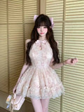 MQTIME  -  French Coquette Princess Sweet Floral Lace Halter Neck Dress Women Bow Trim Cutout Ruched Waist Ruffle Hem Slim Fit Mini Dress